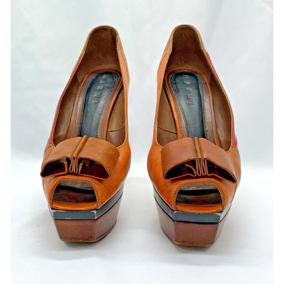 Marni Colorblock Platform Bow Heel Sz 7 - Multicolor Peep Toe Chunky Blo… - Picture 5 of 11